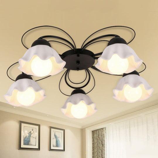 Traditional Black Ceiling Mount Light Fixture with Scalloped White Glass, Ideal for Bedroom (3/5/6 Lights)