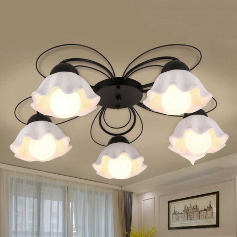 Traditional Black Ceiling Mount Light Fixture with Scalloped White Glass, Ideal for Bedroom (3/5/6 Lights)