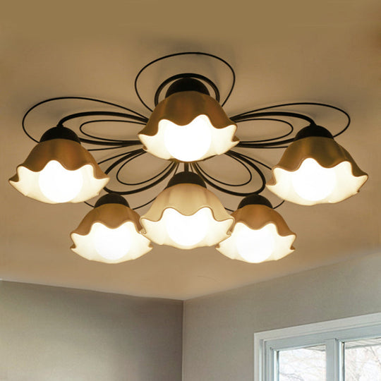 Traditional Black Ceiling Mount Light Fixture with Scalloped White Glass, Ideal for Bedroom (3/5/6 Lights)