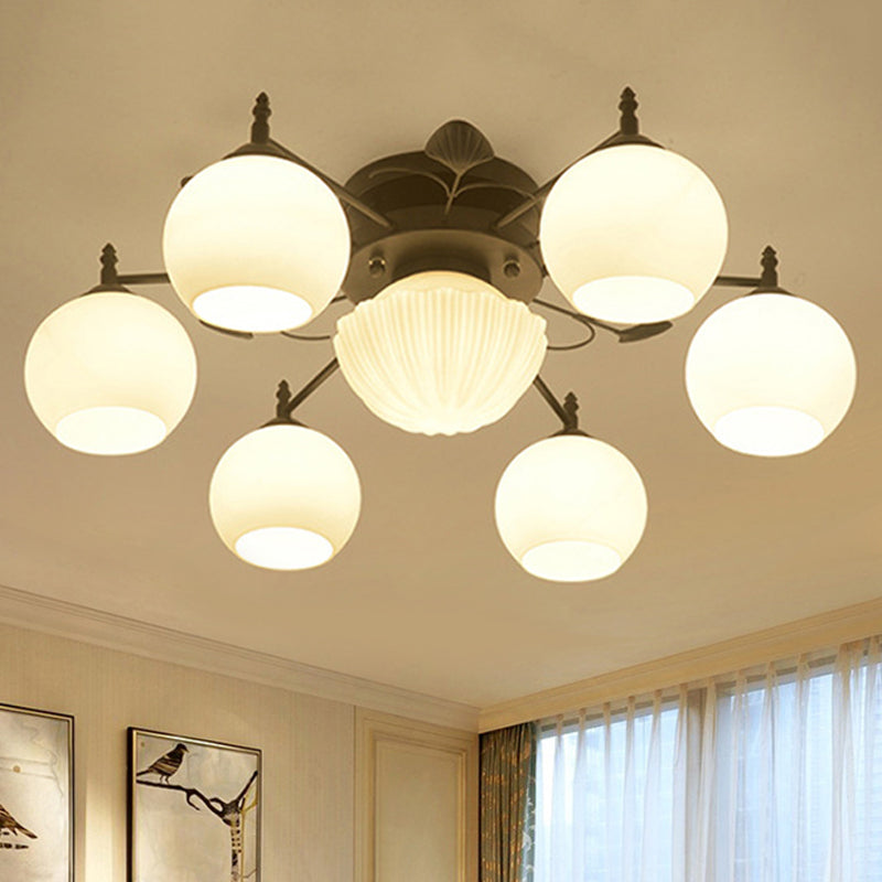 Semi Mount Bubble Shade Living Room Ceiling Light - Traditional White Glass with 5/7 Lights - Black