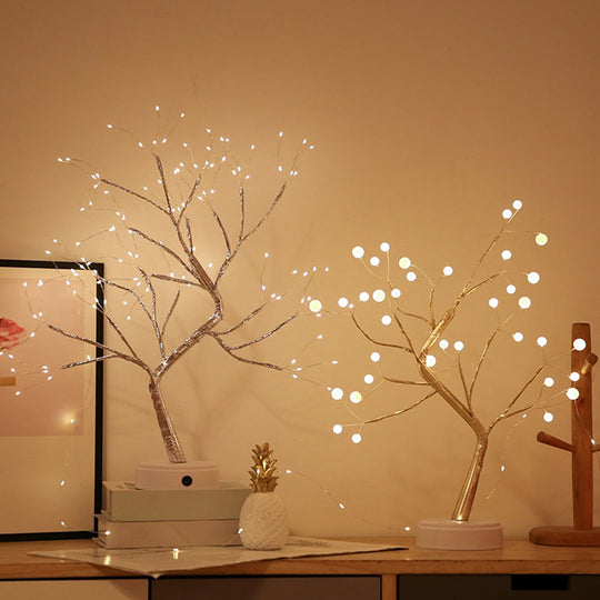 Artistic Led Table Lamp With Pearl Tree Design - Perfect Night Light For Girls Metal Bedside Battery