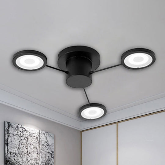 Modern Metal Semi Flush Mount Light Fixture - Small Disk Design with 3 Lights, Black/White Ceiling Flush for Bedroom in Warm/White