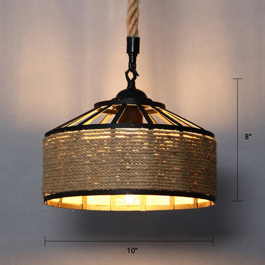 Hemp Rope Conical Cage Pendant Light For Farmhouse Restaurants - Brown Drop Design 1-Bulb Hanging