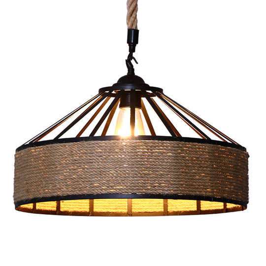 Farmhouse Hemp Rope Pendant Light - Conical Cage Design, Brown Finish, 1 Bulb