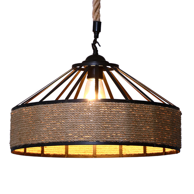 Hemp Rope Conical Cage Pendant Light For Farmhouse Restaurants - Brown Drop Design 1-Bulb Hanging