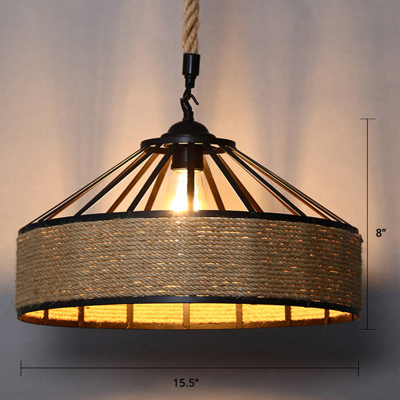 Farmhouse Hemp Rope Pendant Light - Conical Cage Design, Brown Finish, 1 Bulb