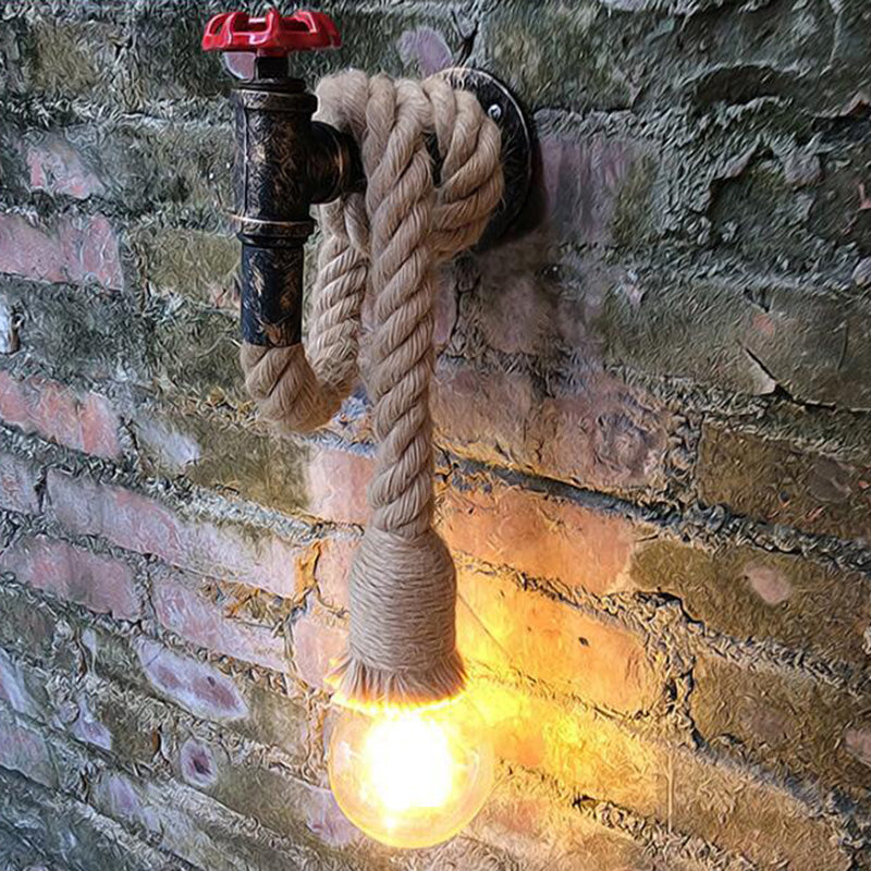 Industrial Black Iron Water Tap Sconce: 1-Light Wall Light Fixture With Rope Socket