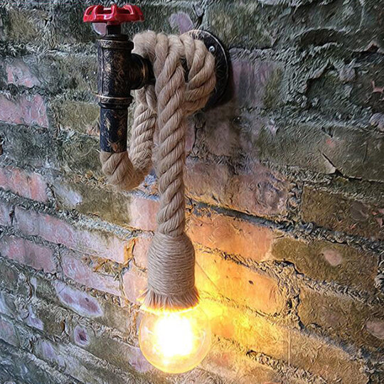 Industrial Black Iron Water Tap Sconce: 1-Light Wall Light Fixture With Rope Socket