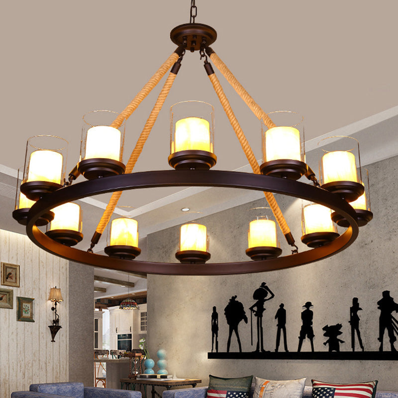 Farmhouse Cylindrical Suspension Lamp: Clear Glass Chandelier with Rope Arm