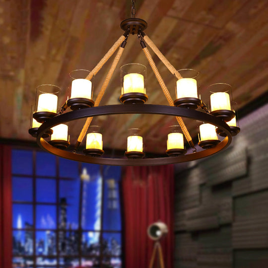 Farmhouse Cylindrical Suspension Lamp: Clear Glass Chandelier with Rope Arm