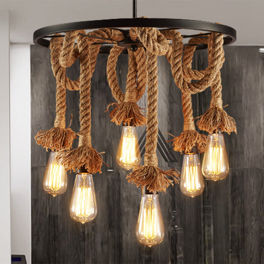 Rustic Hand-Wrapped Rope Chandelier With Decorative Wheel - Brown Bare Bulb Hanging Lamp 6 /