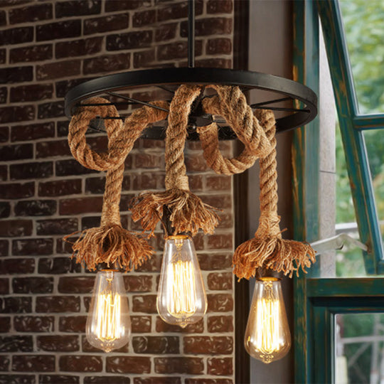 Rustic Hand-Wrapped Rope Chandelier With Decorative Wheel - Brown Bare Bulb Hanging Lamp 3 /