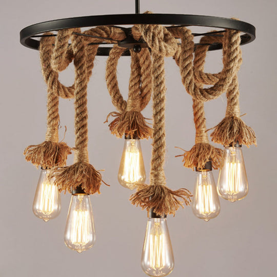 Rustic Hand-Wrapped Rope Chandelier with Decorative Wheel in Brown