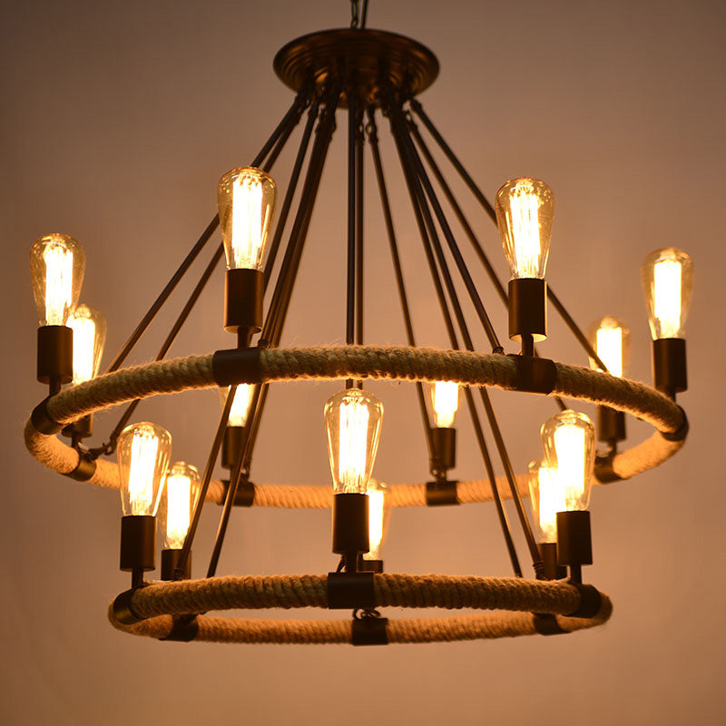 Country Style 14-Head Brown Pendant Chandelier With Circular Roped Design