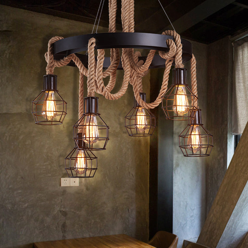 Sophisticated Geometric Brown Chandelier: Natural Rope Countryside Suspension Light