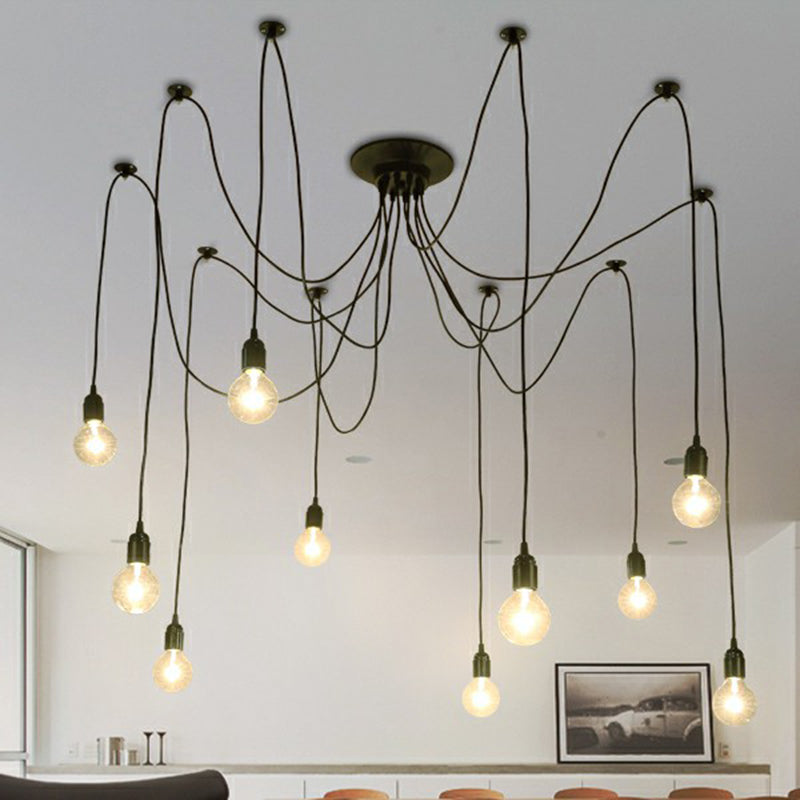 Black Swag Pendant Light With 10 Naked Bulbs For Industrial Style Lighting