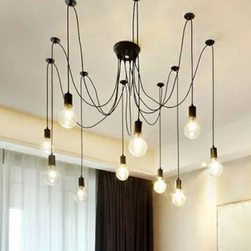 Black Swag Pendant Light With 10 Naked Bulbs For Industrial Style Lighting