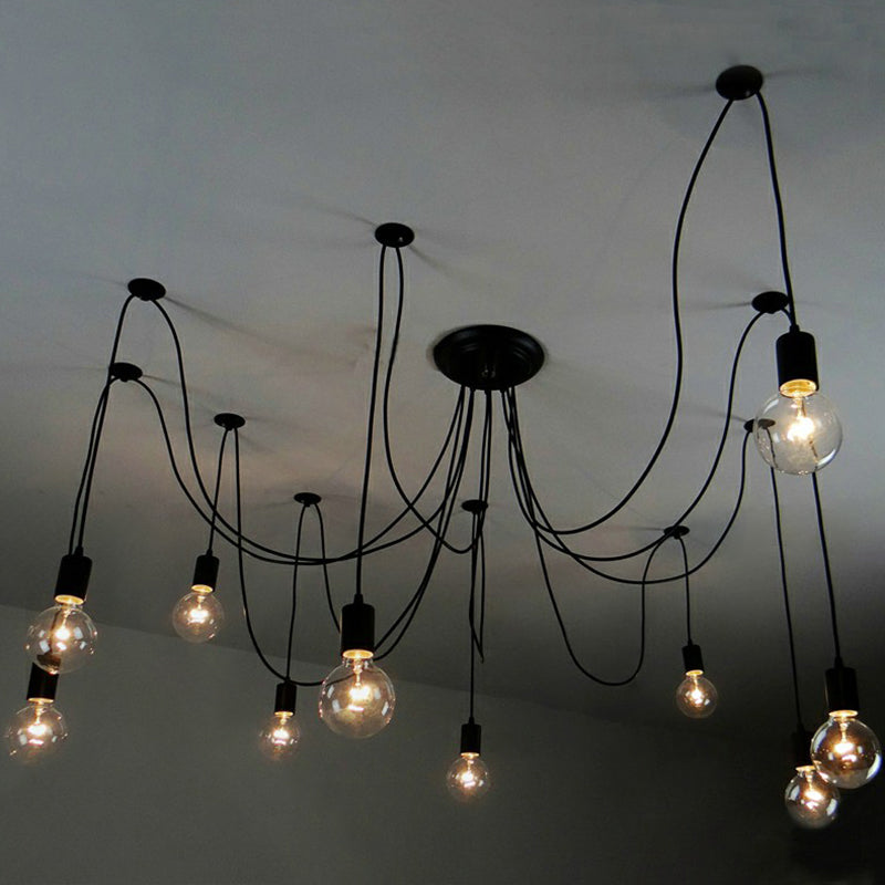 Black Swag Pendant Light With 10 Naked Bulbs For Industrial Style Lighting