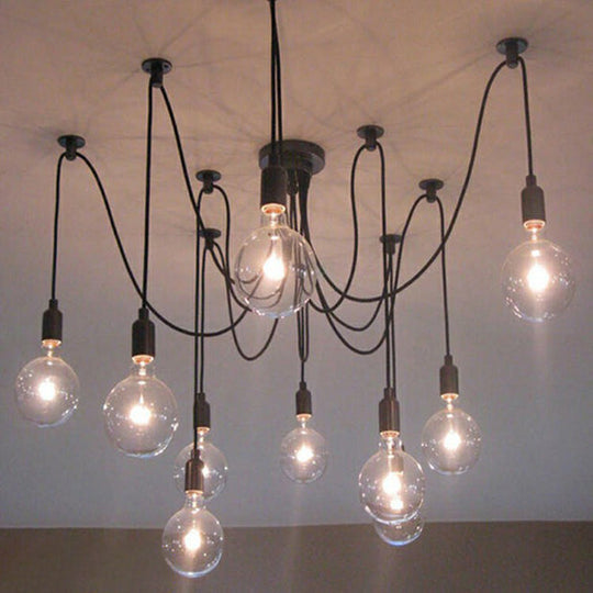 Black Swag Pendant Light With 10 Naked Bulbs For Industrial Style Lighting