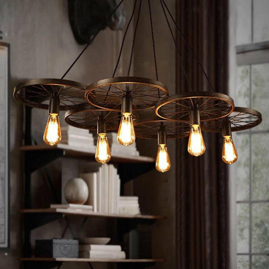 Wagon Wheel Bar Pendant Lamp - Industrial Metal Multihanging Light Fixture 6 / Rust