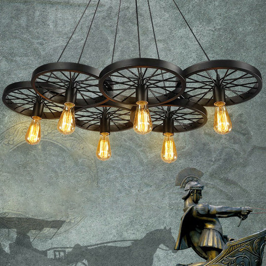 Wagon Wheel Bar Pendant Lamp - Industrial Metal Multihanging Light Fixture 6 / Black