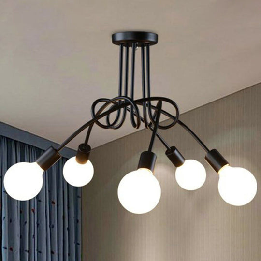 Industrial Metal Knot Chandelier: Black Suspension Lamp With Bare Bulb Design