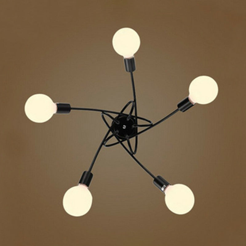 Industrial Metal Knot Chandelier: Black Suspension Lamp With Bare Bulb Design