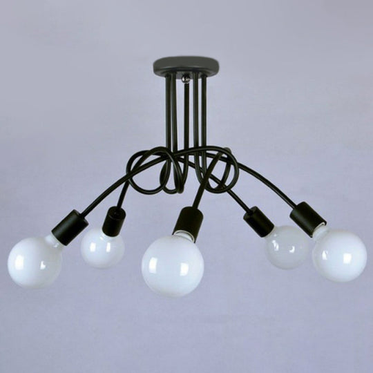 Industrial Metal Knot Chandelier: Black Suspension Lamp With Bare Bulb Design