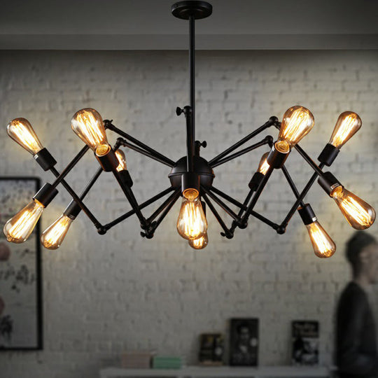 Black Iron Swing Arm Chandelier - Loft Style Restaurant Hanging Lamp With Exposed Bulb Lighting