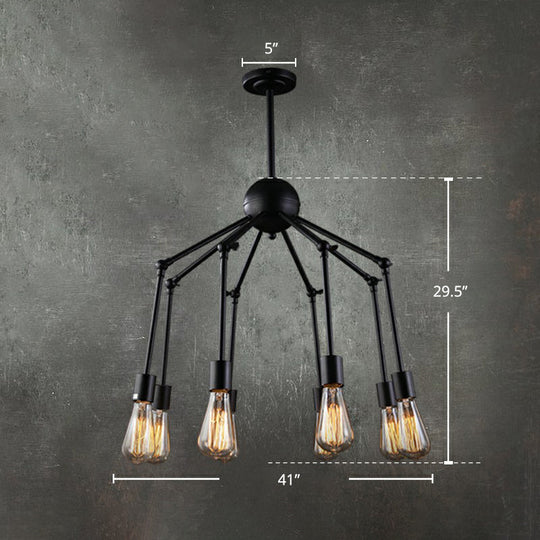 Iron Exposed Bulb Chandelier - Loft Style Restaurant Hanging Lamp with Swing Arm in Black