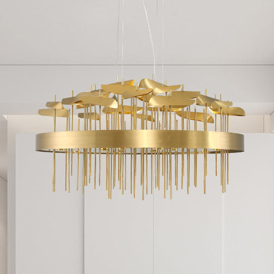 Modern Gold Leaf Suspension Light For Dining Room With Stainless Steel Chandelier