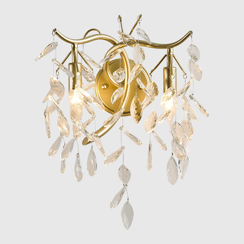 Champagne K9 Crystal Wall Sconce & Fixture: 2-Light Foliage Design For Bedroom