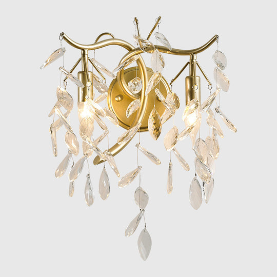 Champagne K9 Crystal Wall Sconce & Fixture: 2-Light Foliage Design For Bedroom