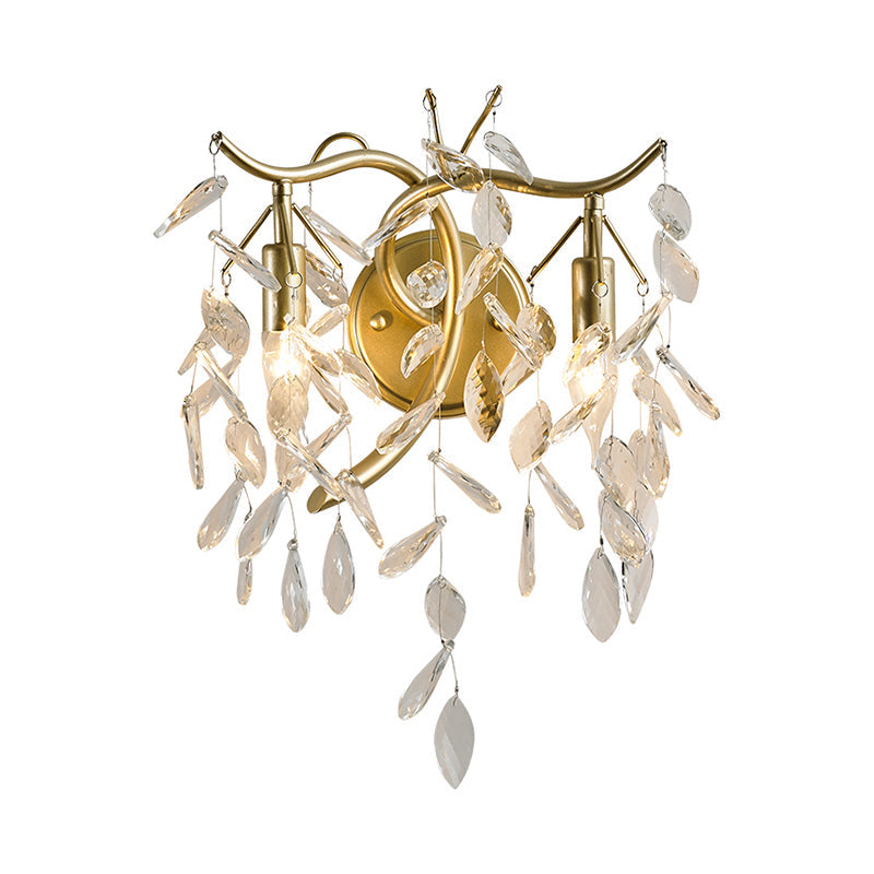 Champagne K9 Crystal Wall Sconce & Fixture: 2-Light Foliage Design For Bedroom