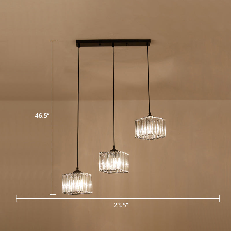 Modern Square Crystal Pendant Light With 3-Bulb Simplicity For Dining Room Ceiling - Black