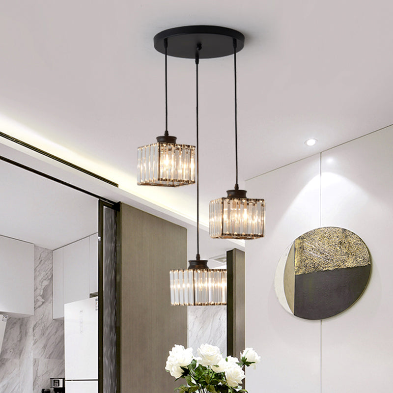 Minimalistic Crystal Pendant Lighting - Square Multi Ceiling Light For Dining Room (3 Heads)