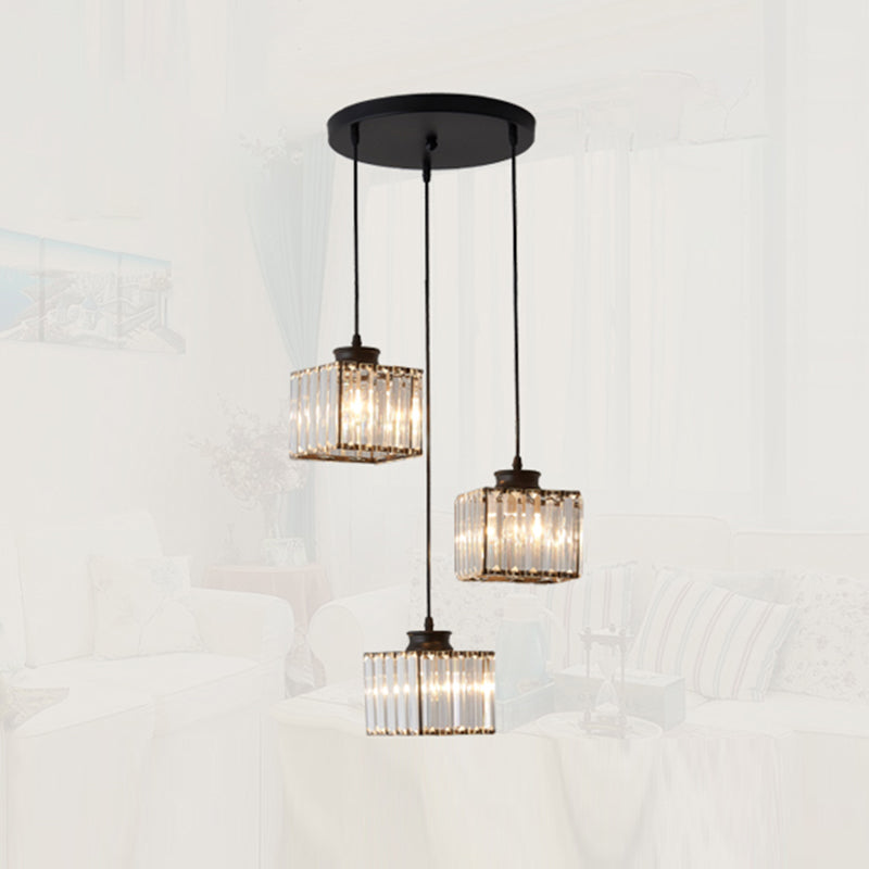 Minimalistic Crystal Pendant Lighting - Square Multi Ceiling Light For Dining Room (3 Heads)