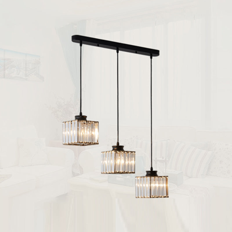 Minimalistic Crystal Pendant Lighting - Square Multi Ceiling Light For Dining Room (3 Heads) Black /