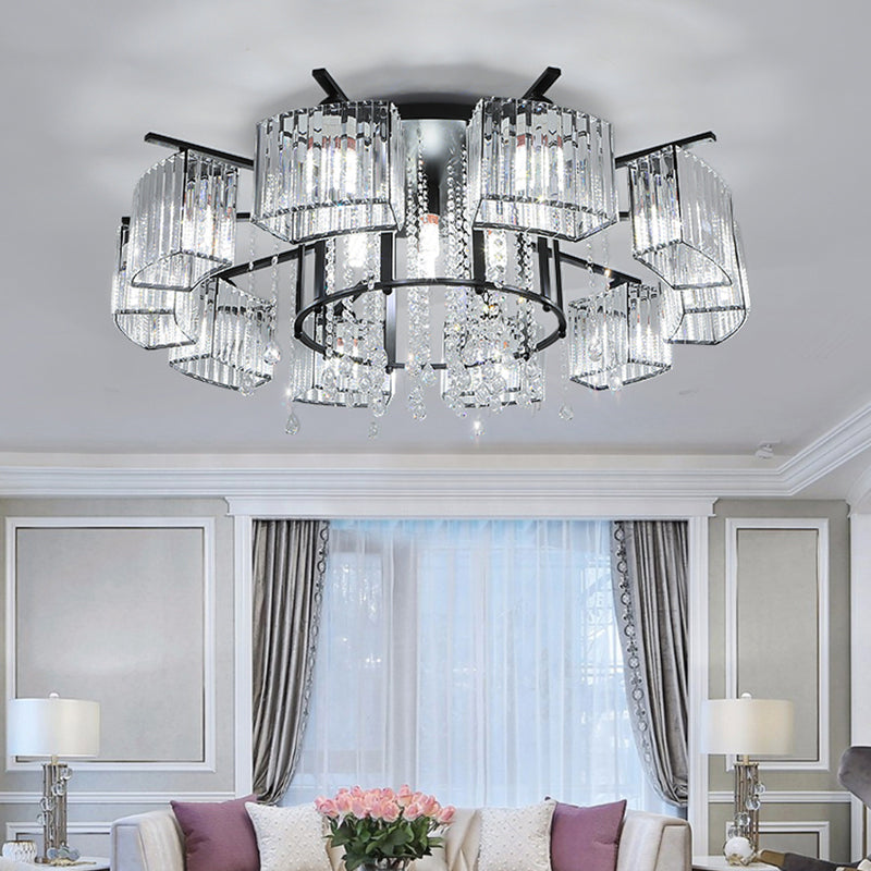 Modern Black Crystal Block Semi Flush Ceiling Light - Circle Flushmount for Living Room