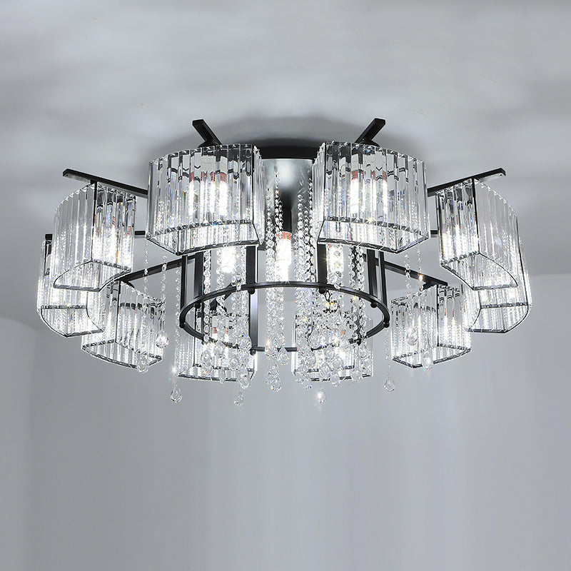 Modern Black Crystal Block Semi Flush Ceiling Light - Circle Flushmount for Living Room