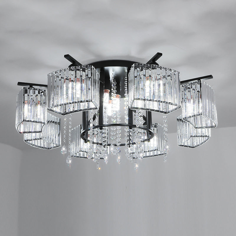 Modern Black Crystal Block Semi Flush Ceiling Light - Circle Flushmount for Living Room