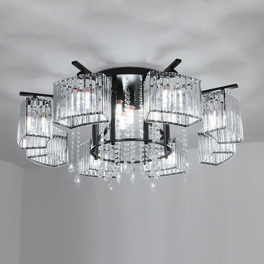 Modern Black Crystal Block Semi Flush Ceiling Light - Circle Flushmount for Living Room