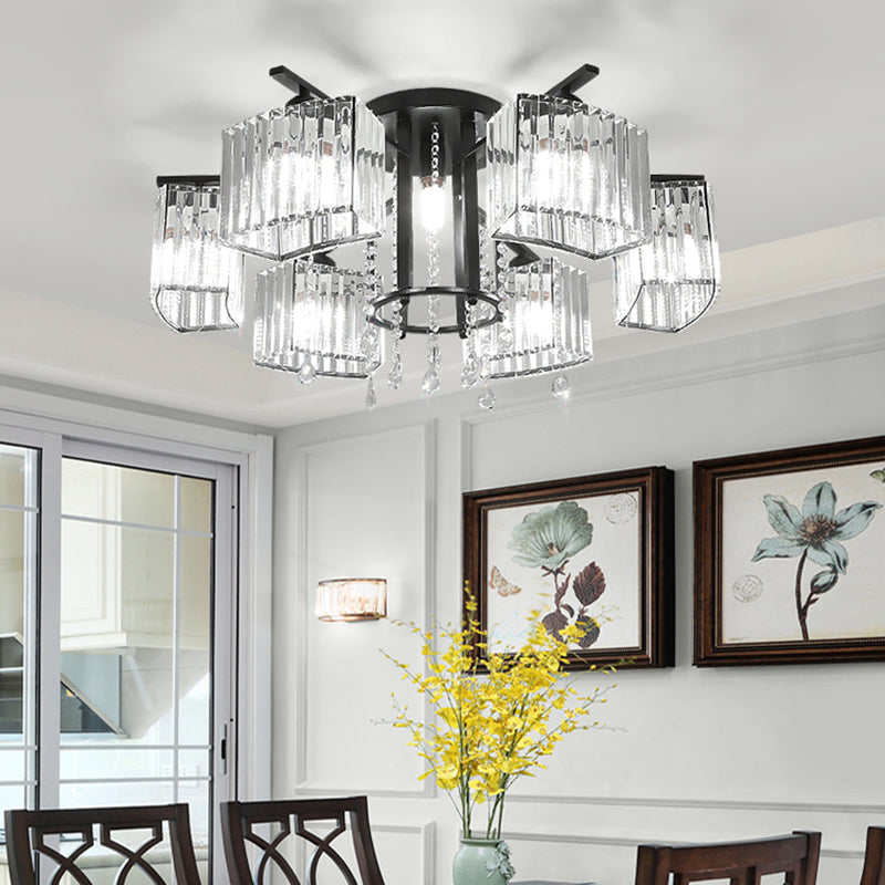 Modern Black Crystal Block Semi Flush Ceiling Light - Circle Flushmount for Living Room