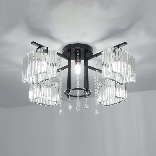 Modern Black Crystal Block Semi Flush Ceiling Light - Circle Flushmount for Living Room