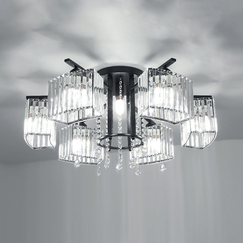 Modern Black Crystal Block Semi Flush Ceiling Light - Circle Flushmount for Living Room