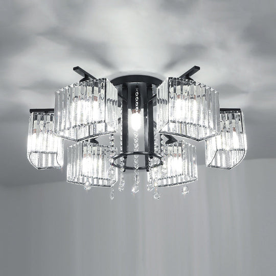 Modern Black Crystal Block Semi Flush Ceiling Light - Circle Flushmount for Living Room