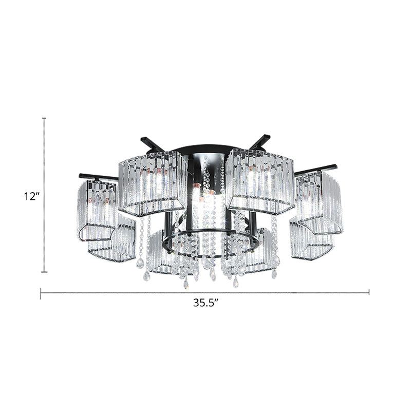 Modern Black Crystal Block Semi Flush Ceiling Light - Circle Flushmount for Living Room