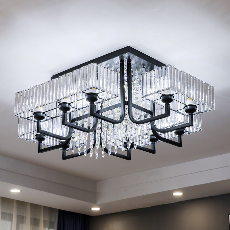 Modern Prismatic Crystal Semi Flush Mount Ceiling Light in Black for Living Room