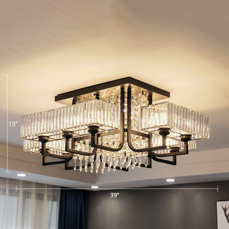 Modern Prismatic Crystal Semi Flush Mount Ceiling Light in Black for Living Room