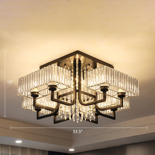 Modern Prismatic Crystal Semi Flush Mount Ceiling Light in Black for Living Room